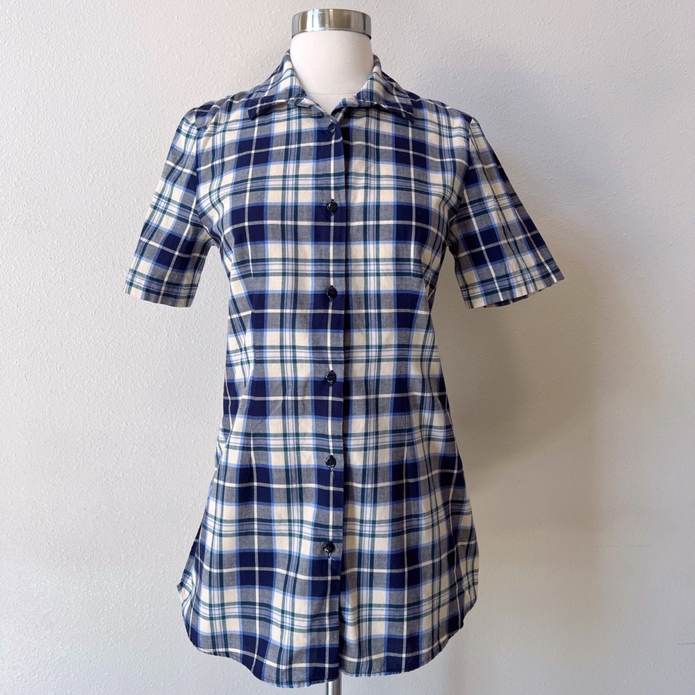 Vintage Laura Ashley UK Plaid Button Up Shirt 6 High Low Hem Short Sleeve Tunic - Picture 7 of 9